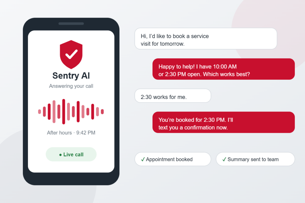 Sentry AI virtual agent answering an after-hours call and booking an appointment, then sending a summary to the team