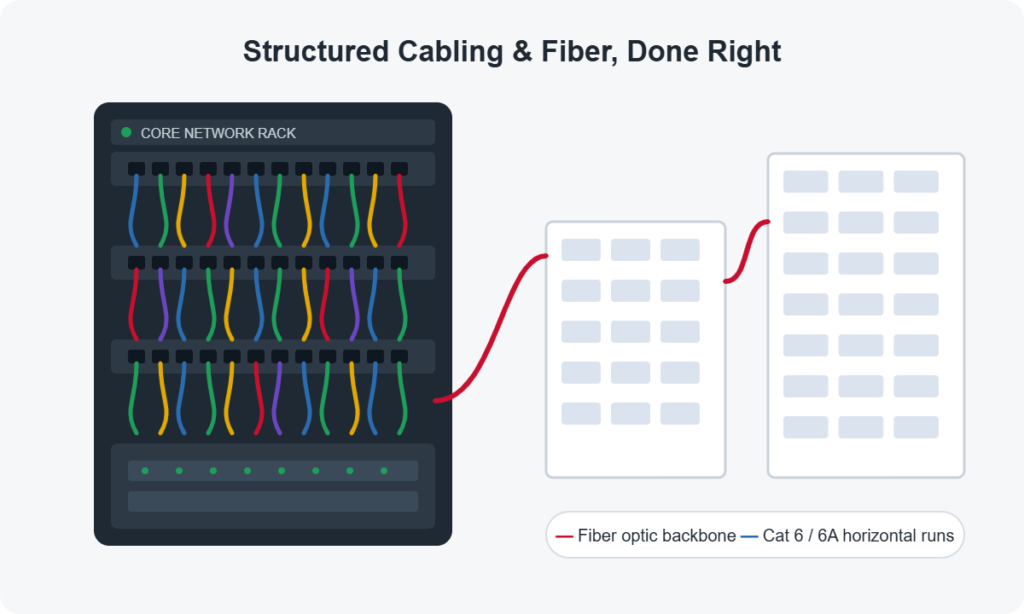Structured cabling and fiber optic installation Illustration of a network rack with color-coded patch cables connected by fiber optic backbone to two buildings, representing AHS structured cabling and fiber installation